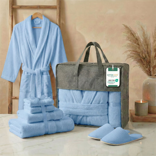 Luxury 7PC Egyptian Cotton Bath Bundle Set Sky Blue – Bathrobe, Towels, Slippers