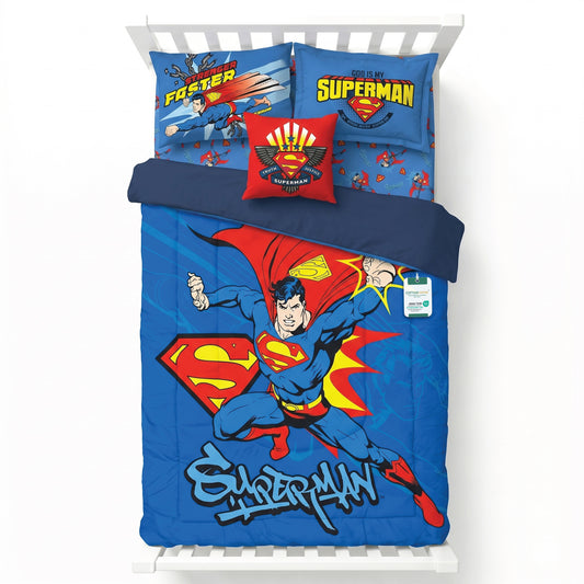 Superman Official Kids Bedding Set – 5 Piece Comforter Set Cozy & Colorful Cartoon Character with Matching Pillowcases & Bedsheet