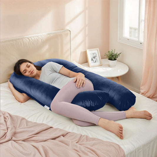 Serenity Velvet Pregnancy Pillow U-Shape Full Body Pillow With Removable Cover Navy Blue - Cotton Home