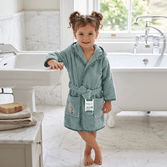 Cacoon Kids Cotton Bathrobe with Hood, Tie Belt & Pockets - Minty Floral Fox