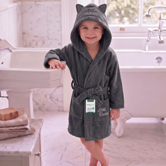 Cacoon Kids Cotton Bathrobe with Hood, Tie Belt & Pockets - Grey Bear