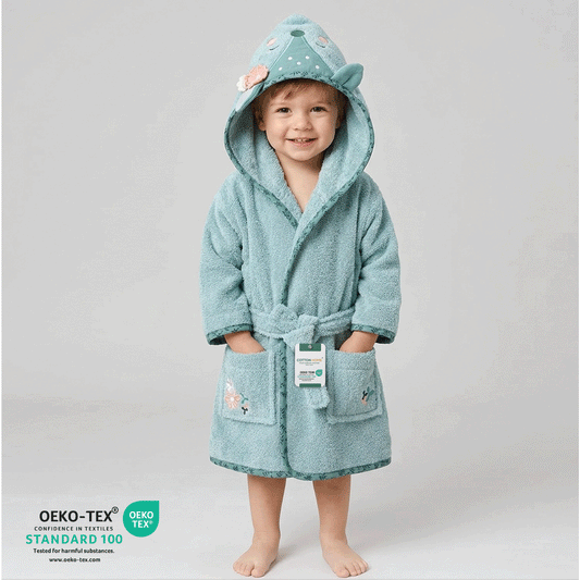 Cacoon Kids Cotton Bathrobe with Hood, Tie Belt & Pockets - Minty Floral Fox
