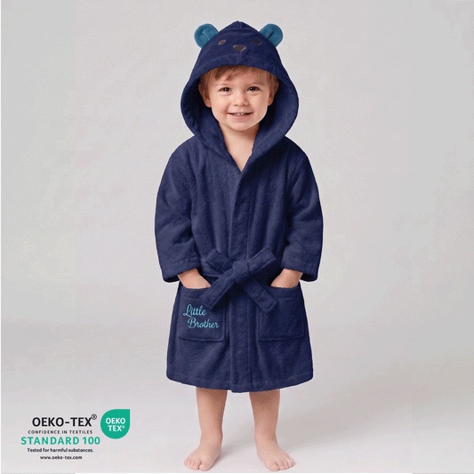 Cacoon Kids Cotton Bathrobe with Hood, Tie Belt & Pockets - Blue Bear