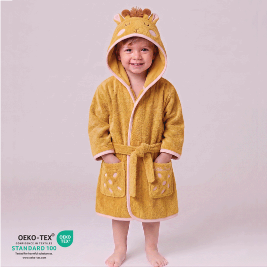 Cacoon Kids Cotton Bathrobe with Hood, Tie Belt & Pockets - Little Giraffe