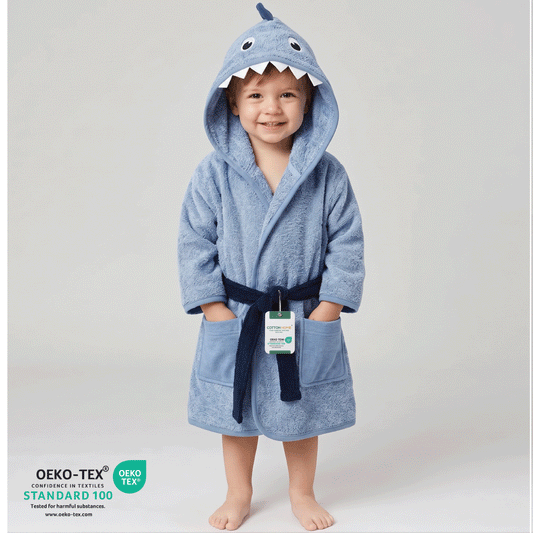 Cacoon Kids Cotton Bathrobe with Hood, Tie Belt & Pockets - Blue Shark
