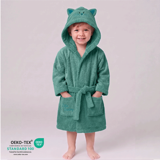 Cacoon Kids Cotton Bathrobe with Hood, Tie Belt & Pockets - Teal Cat