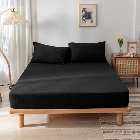 High Quality Black Cotton Jersey King 3 Piece Fitted Sheet Set 200x200+30cm with Deep Pockets and 2 Pillow Case - Cotton Home