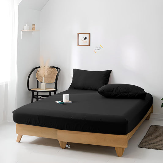 High Quality Black Cotton Jersey Double 3 Piece Fitted Sheet Set 120x200+30cm with Deep Pockets and 2 Pillow Case - Cotton Home