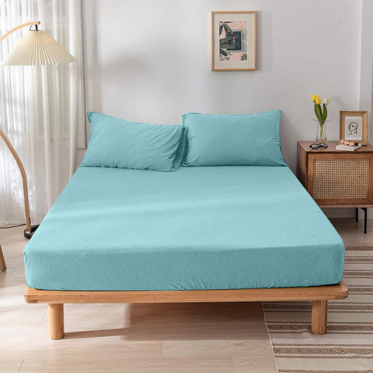 High Quality Blue Cotton Jersey Single 3 Piece Fitted Sheet Set 90x190+25cm with Deep Pockets and 2 Pillow Case - Cotton Home