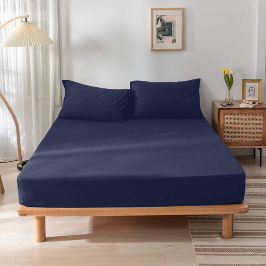 High Quality Navy Blue Cotton Jersey Queen 3 Piece Fitted Sheet Set 180x200+30cm with Deep Pockets and 2 Pillow Case - Cotton Home