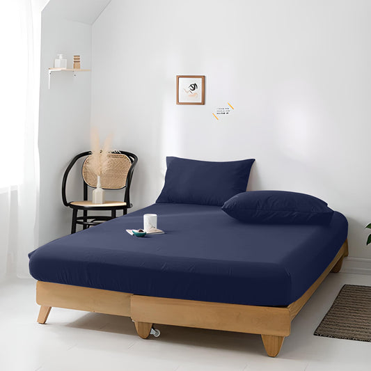 High Quality Navy Blue Cotton Jersey Twin 3 Piece Fitted Sheet Set 160x200+30cm with Deep Pockets and 2 Pillow Case - Cotton Home