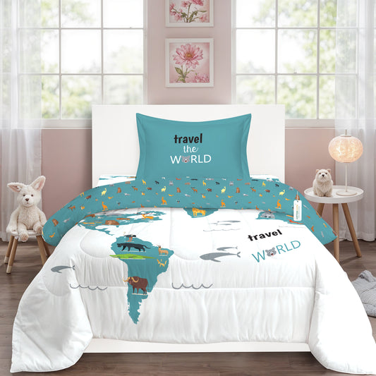 Premium Premium Cotton 3PC Bedding Set Kids Comforter Set 135x220cm Adventure Atlas