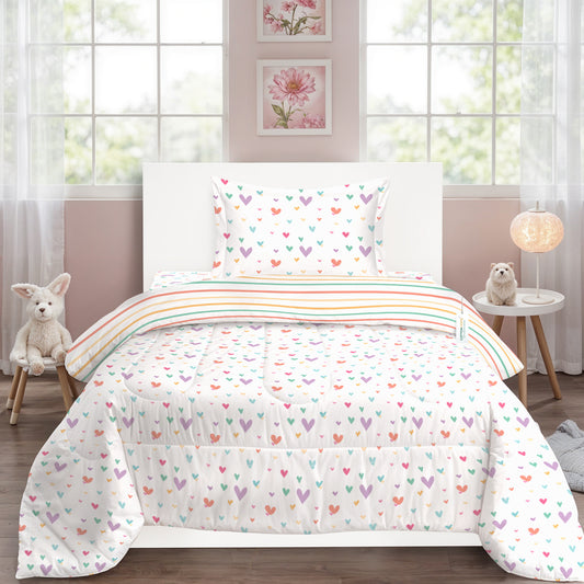 Premium Cotton 3PC Bedding Set Kids Comforter Set 135x220cm Hue Hearts