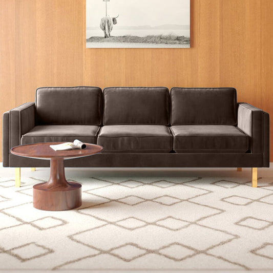 Nebula Brown Velvet 3-Seater Sofa with Square Arms - Luxury Living Room Seating, L220cm x W86cm x H81cm - Cotton Home