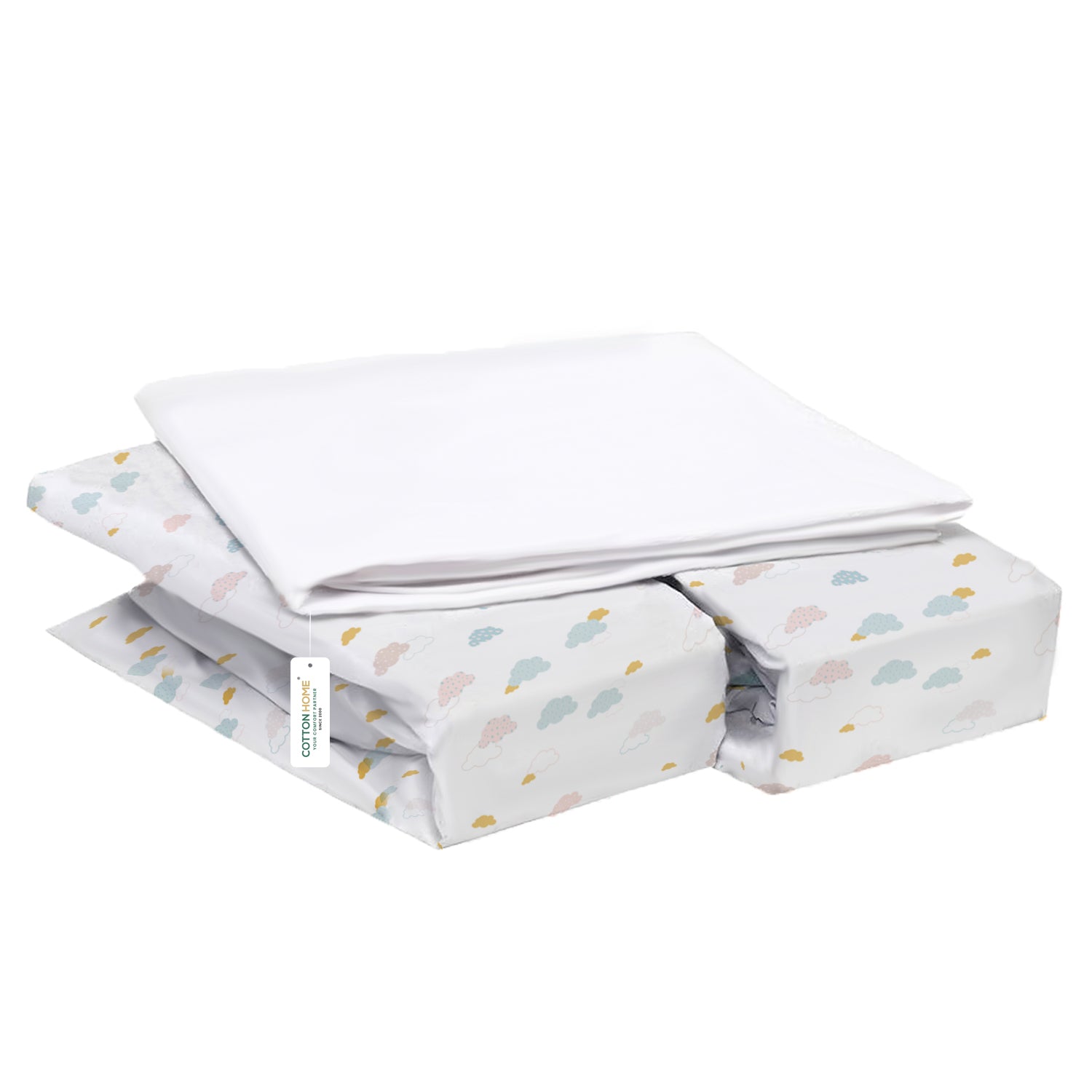 Premium Cotton 3-Piece Baby Crib Bedding Set (120x60 cm) Fitted Baby Mattress Sheets and Protector Pastel Clouds