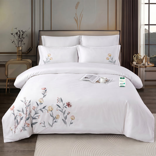 Embroidered 6-Piece King Duvet Cover Set Floral Flowers Microfiber Bedding Set 220×240cm