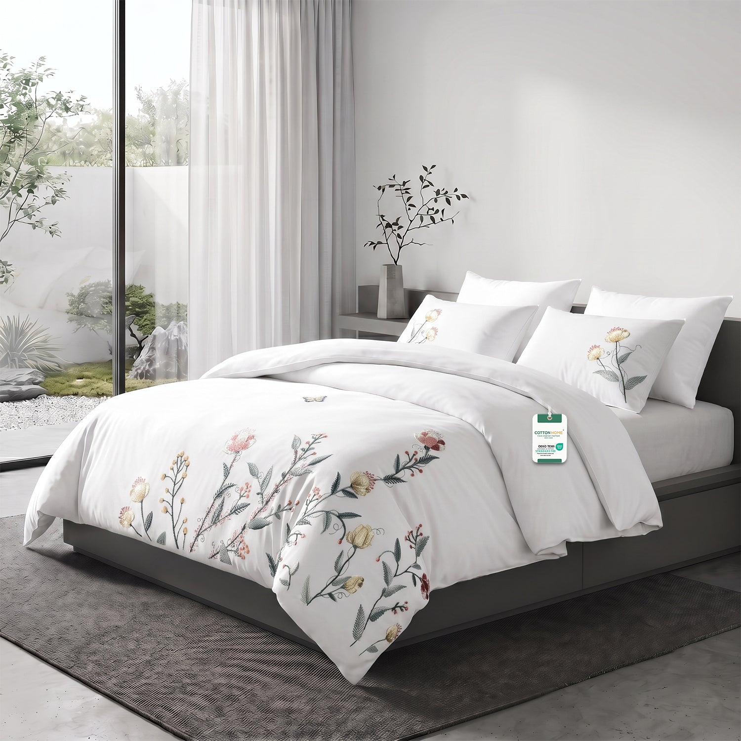 Embroidered 6-Piece King Duvet Cover Set Floral Flowers Microfiber Bedding Set 220×240cm