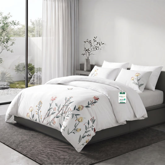 Embroidered 6-Piece King Duvet Cover Set Floral Flowers Microfiber Bedding Set 220×240cm