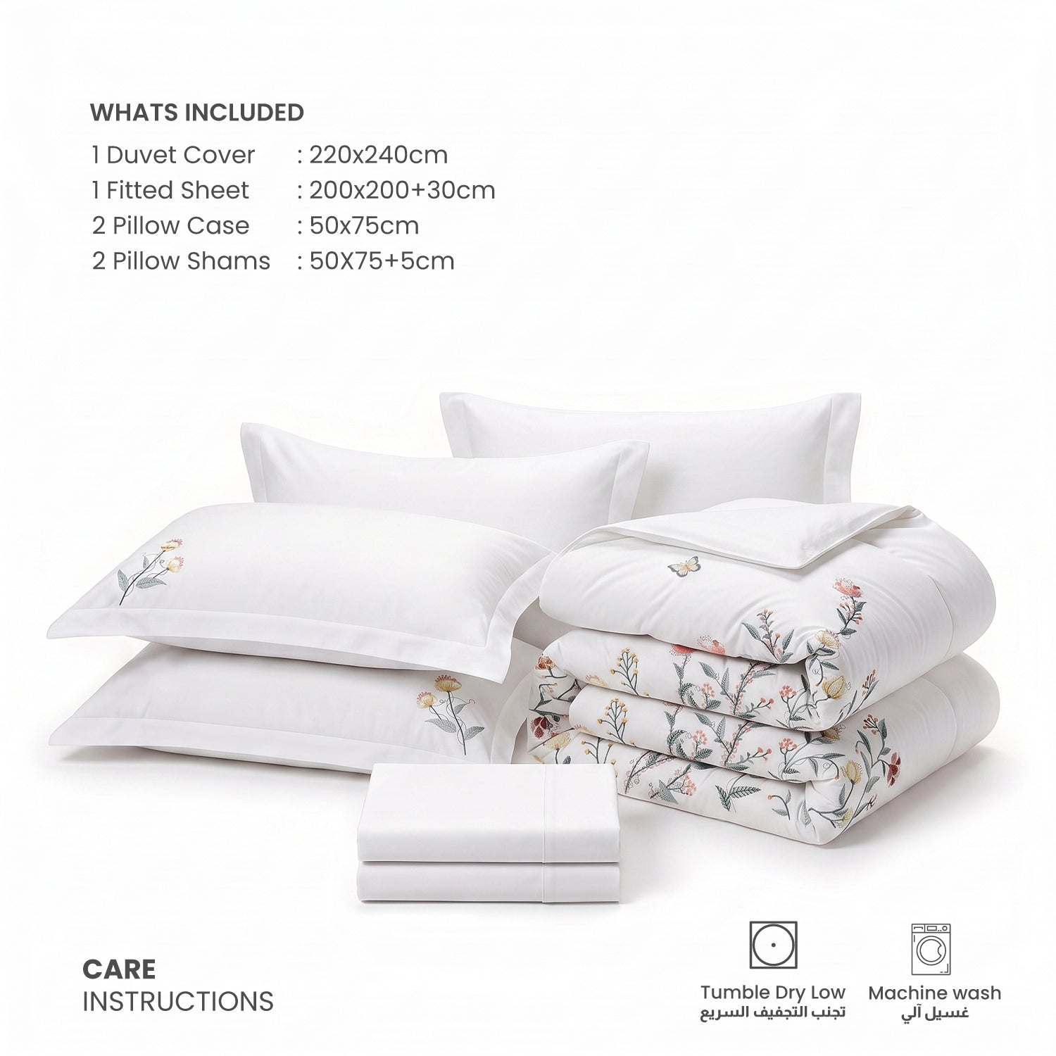 Embroidered 6-Piece King Duvet Cover Set Floral Flowers Microfiber Bedding Set 220×240cm