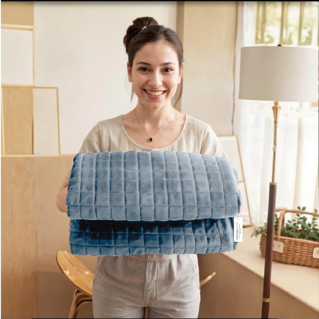 Elegant Square Design Blanket Single Size 150x220 Sky Blue - Cotton Home