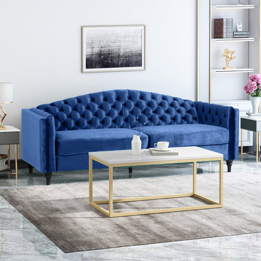 Nova 3-Seater Velvet Sofa with Square Arms – L220cm x W60cm x H85cm, Blue Comfortable & Stylish Sofa for Living Room - Cotton Home