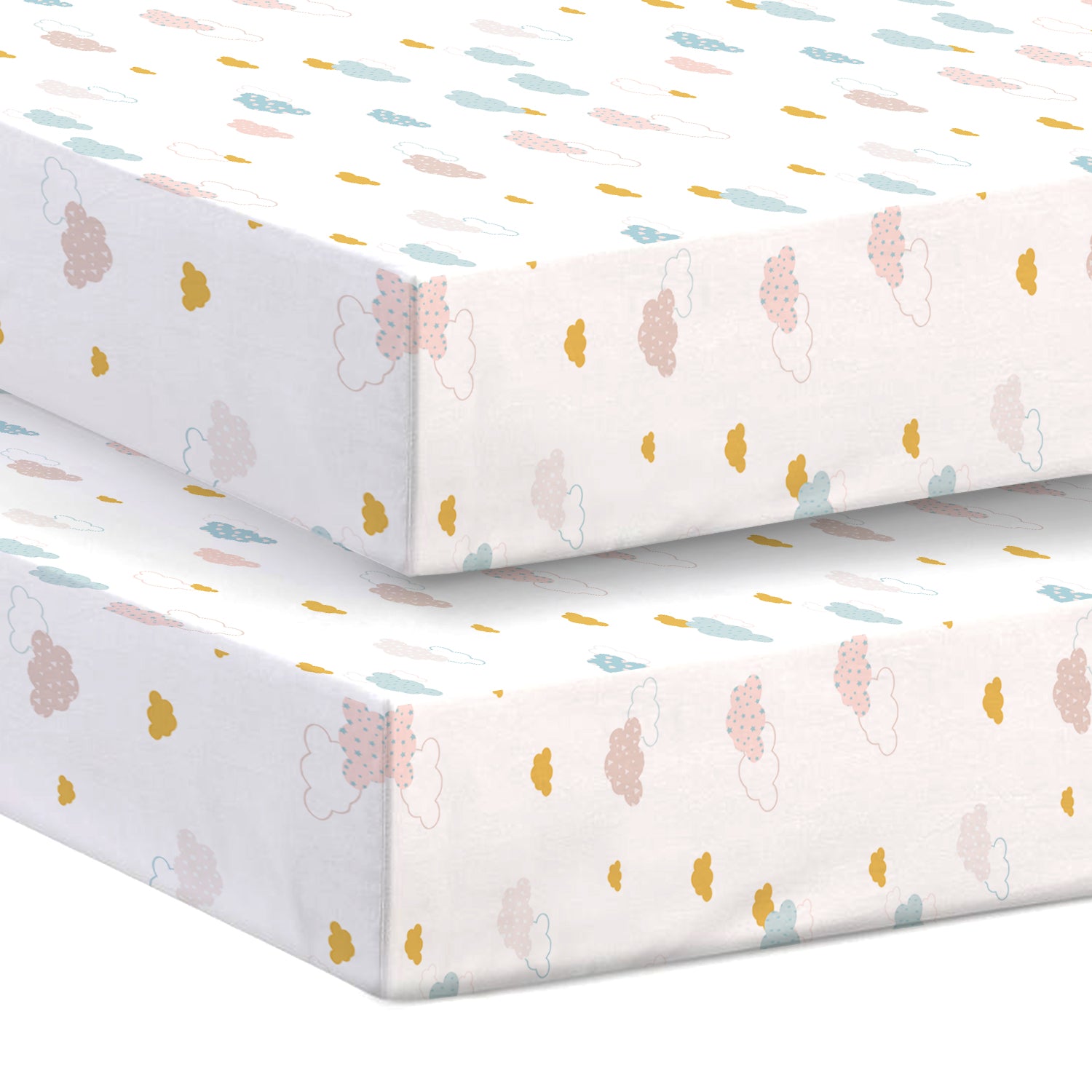 Premium Cotton 2PC Crib Sheets (120x60 cm) Soft, Breathable, Fitted Baby Mattress Sheets Pastel Clouds