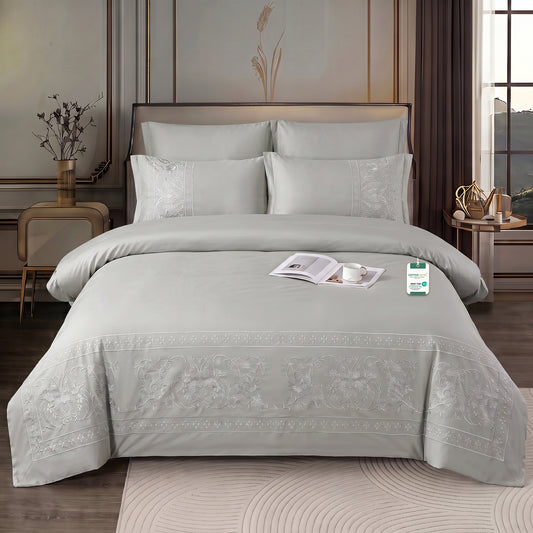 Embroidered 6-Piece King Duvet Cover Set Floral Grey Microfiber Bedding Set 220×240cm