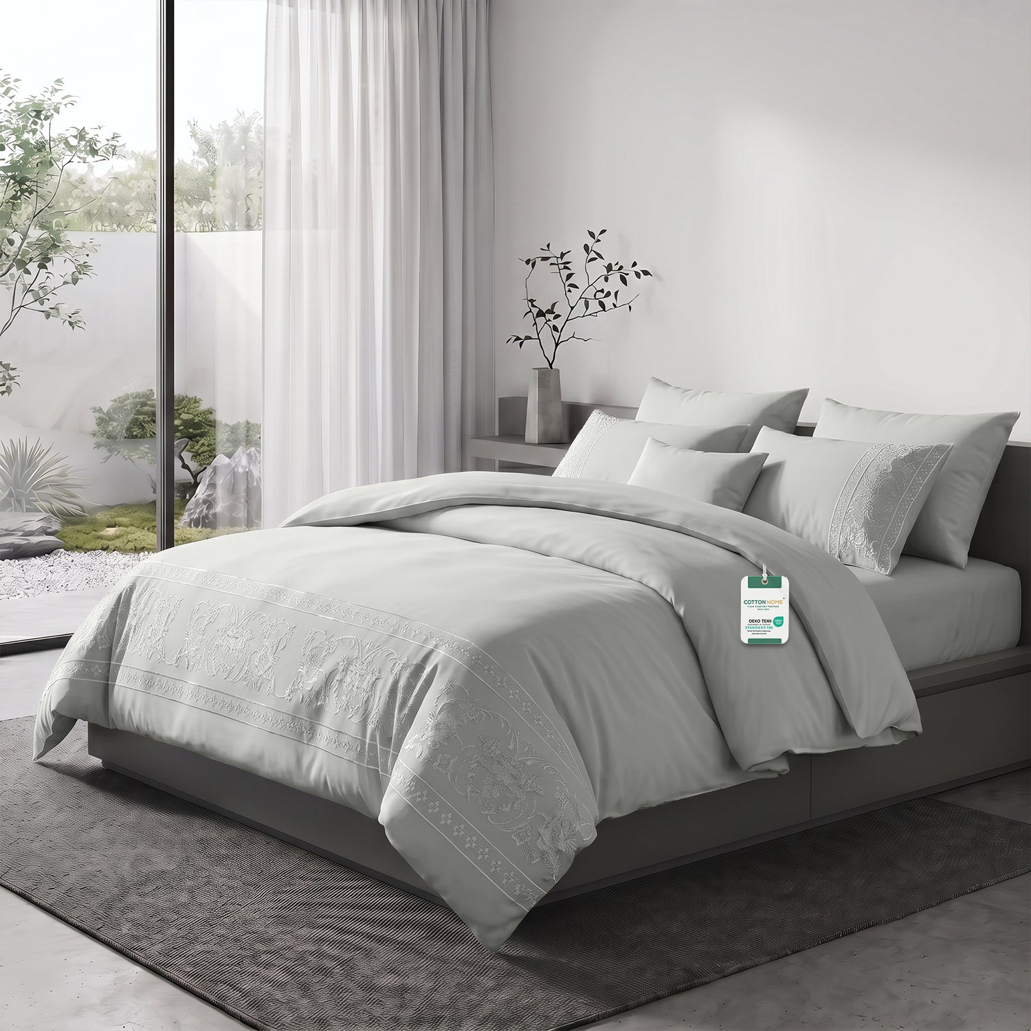 Embroidered 6-Piece King Duvet Cover Set Floral Grey Microfiber Bedding Set 220×240cm