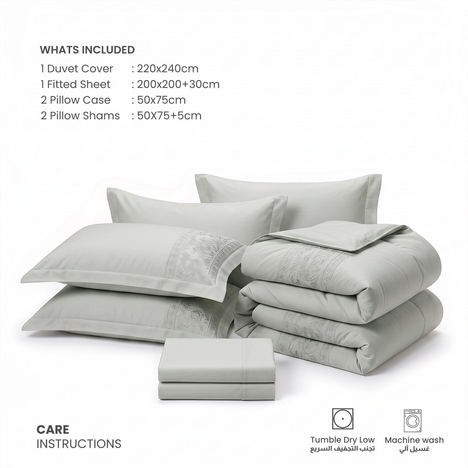 Embroidered 6-Piece King Duvet Cover Set Floral Grey Microfiber Bedding Set 220×240cm