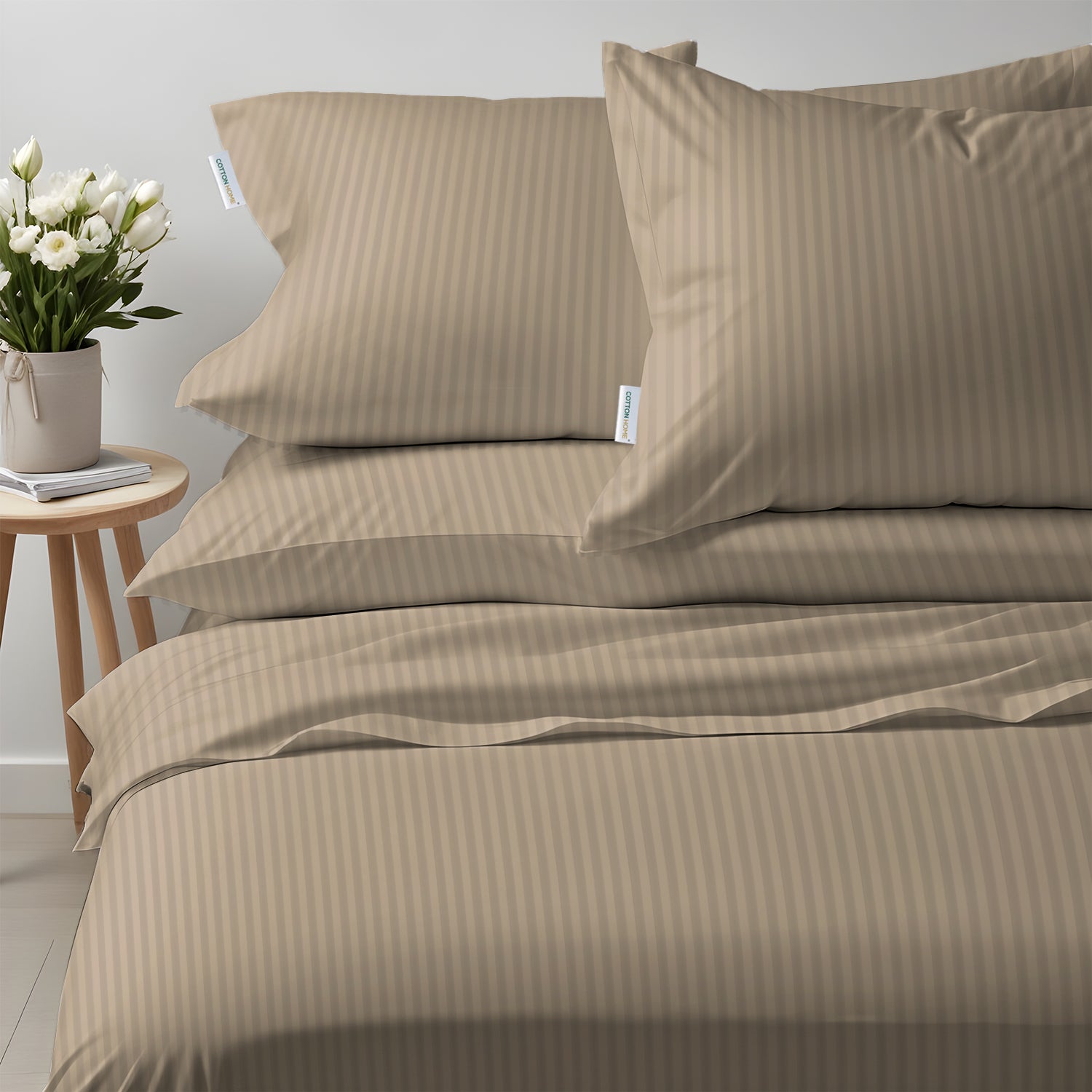 6 Piece Duvet Cover Set 240x260cm King - Light Brown Stripe - Cotton Home