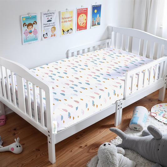 Premium Cotton 3-Piece Baby Crib Bedding Set (120x60 cm) Fitted Baby Mattress Sheets and Protector Pastel Clouds