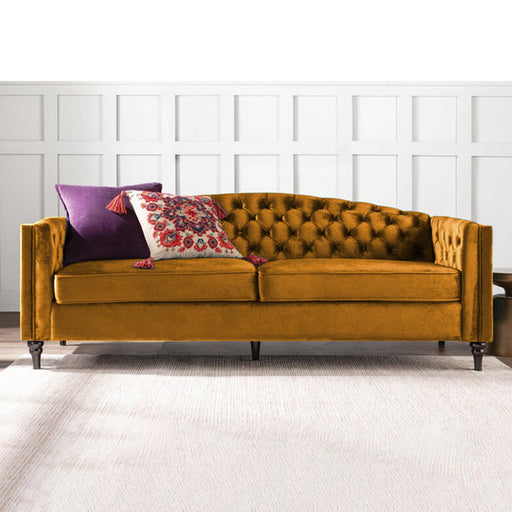 Nova 3-Seater Velvet Sofa with Square Arms – L220cm x W60cm x H85cm, Gold Comfortable & Stylish Sofa for Living Room - Cotton Home
