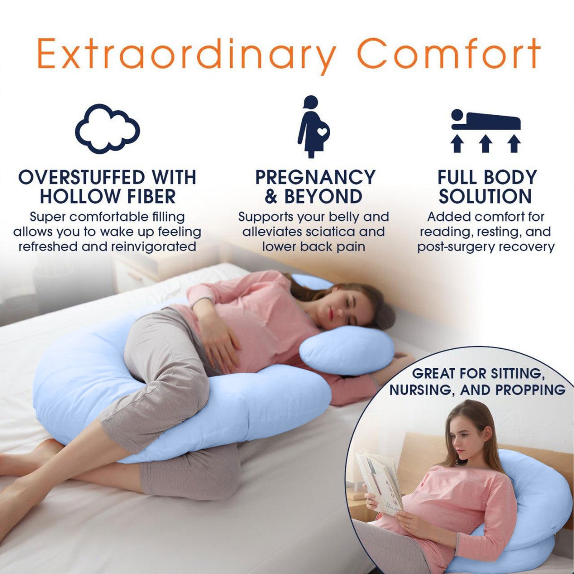 Four Seasons Pregnancy Pillow J Shaped Full Body Maternity Pillow 80x130cm Blue - Cotton Home