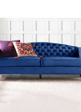 Nova 3-Seater Velvet Sofa with Square Arms – L220cm x W60cm x H85cm, Blue Comfortable & Stylish Sofa for Living Room - Cotton Home