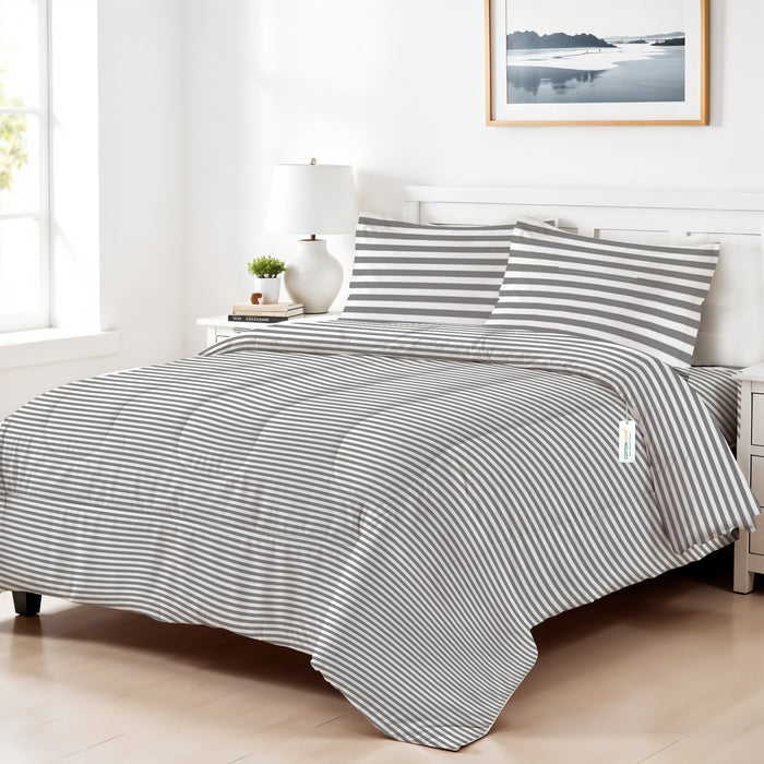 Premium Cotton 4PC Comforter Set 160x220cm Grey Stripe