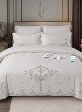 Embroidered 6-Piece King Duvet Cover Set Floral Off White Microfiber Bedding Set 220×240cm