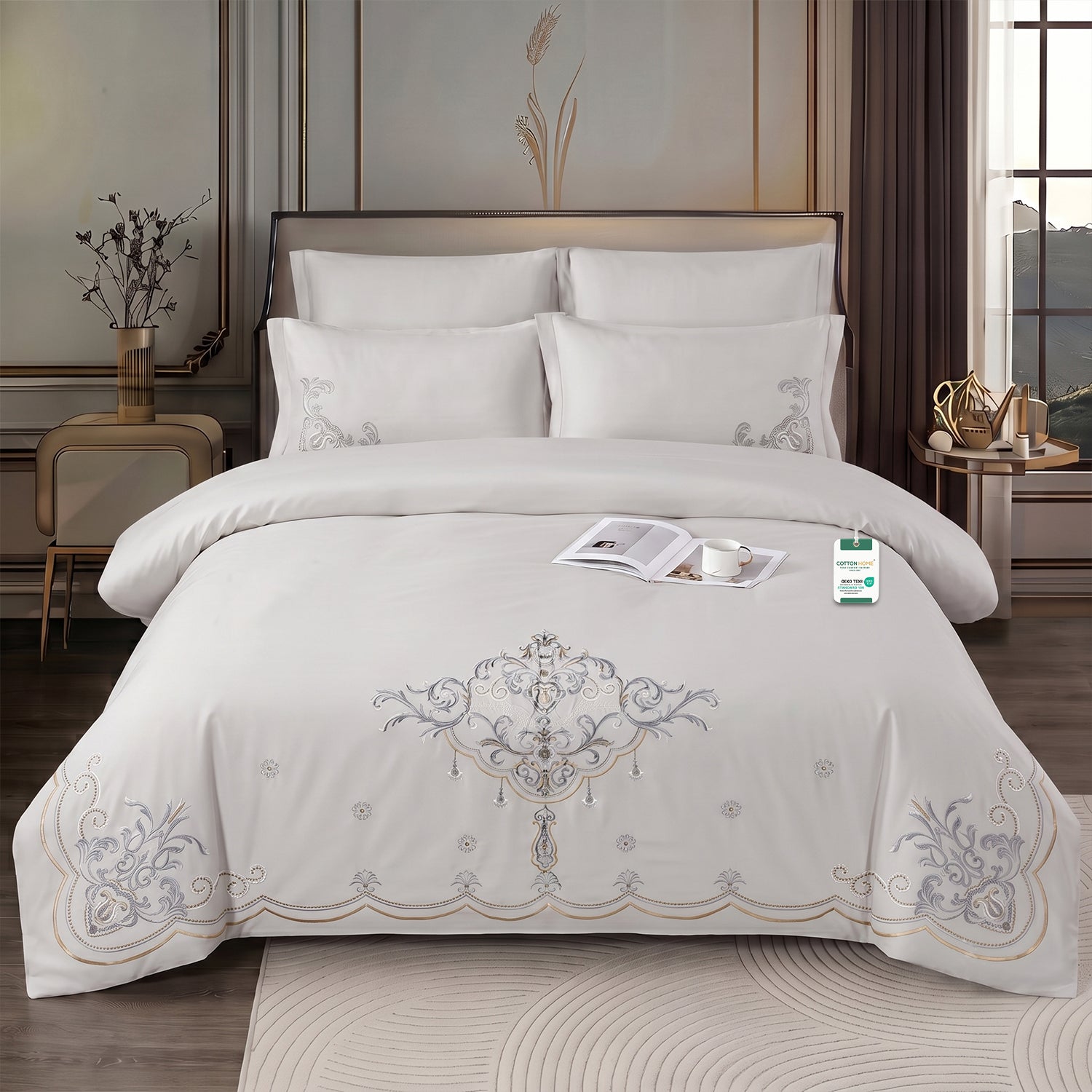 Embroidered 6-Piece King Duvet Cover Set Floral Off White Microfiber Bedding Set 220×240cm