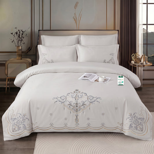 Embroidered 6-Piece King Duvet Cover Set Floral Off White Microfiber Bedding Set 220×240cm