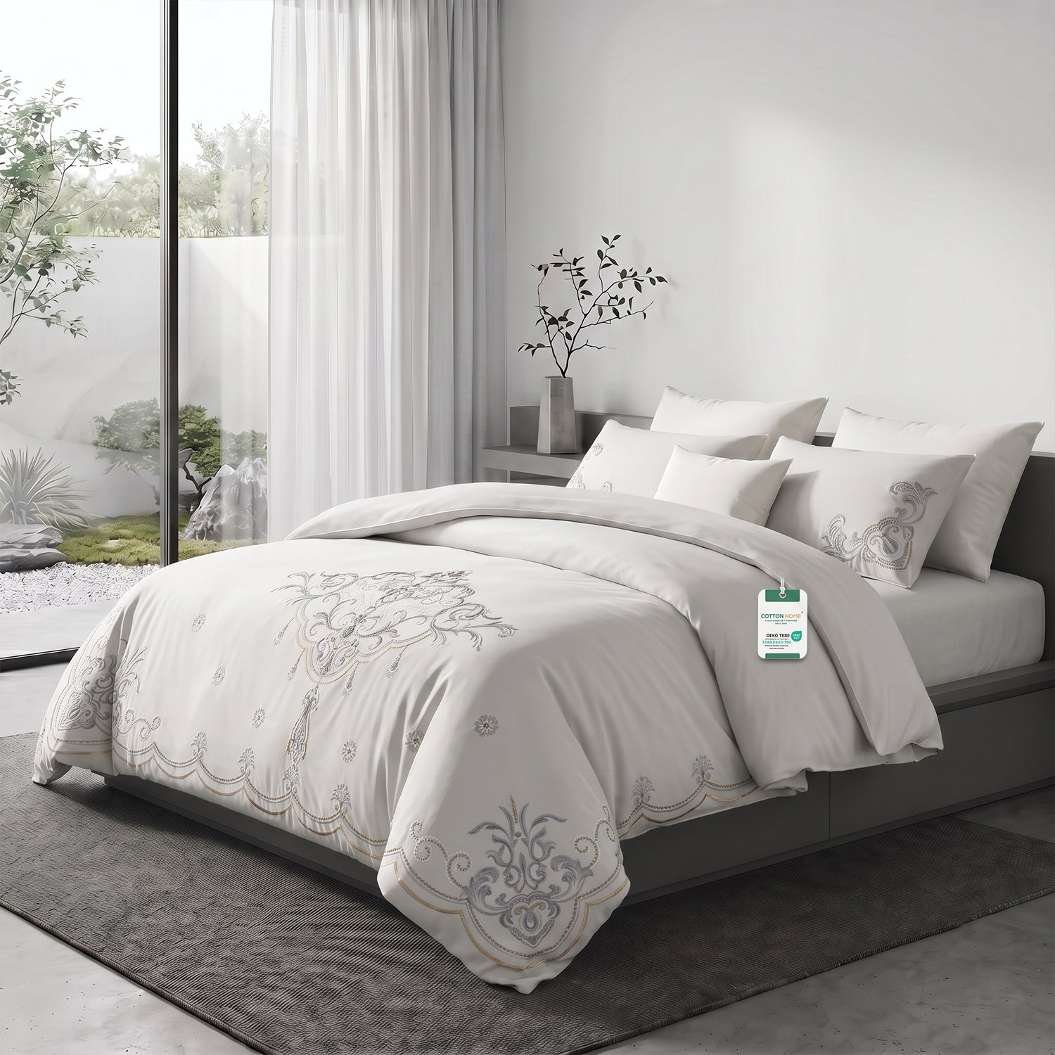 Embroidered 6-Piece King Duvet Cover Set Floral Off White Microfiber Bedding Set 220×240cm