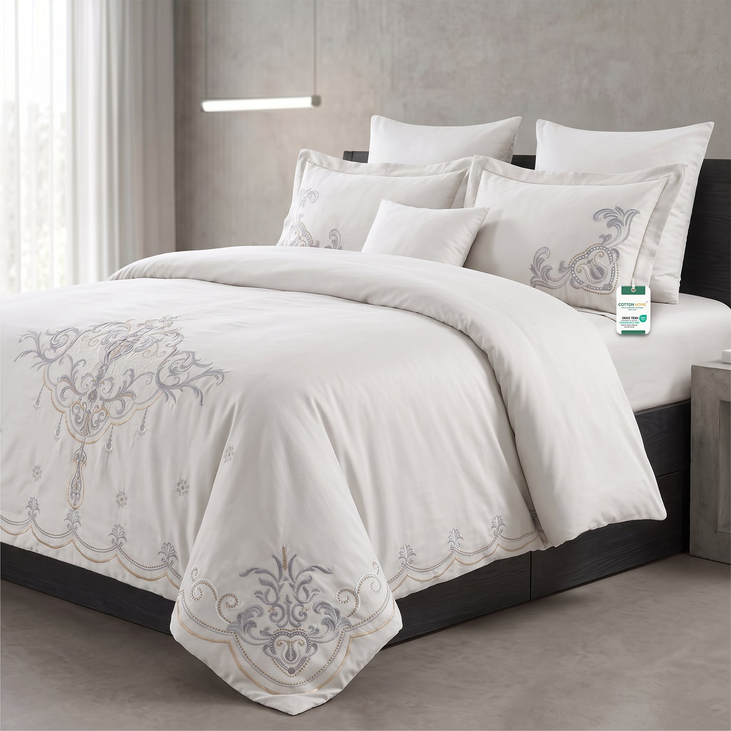 Embroidered 6-Piece King Duvet Cover Set Floral Off White Microfiber Bedding Set 220×240cm