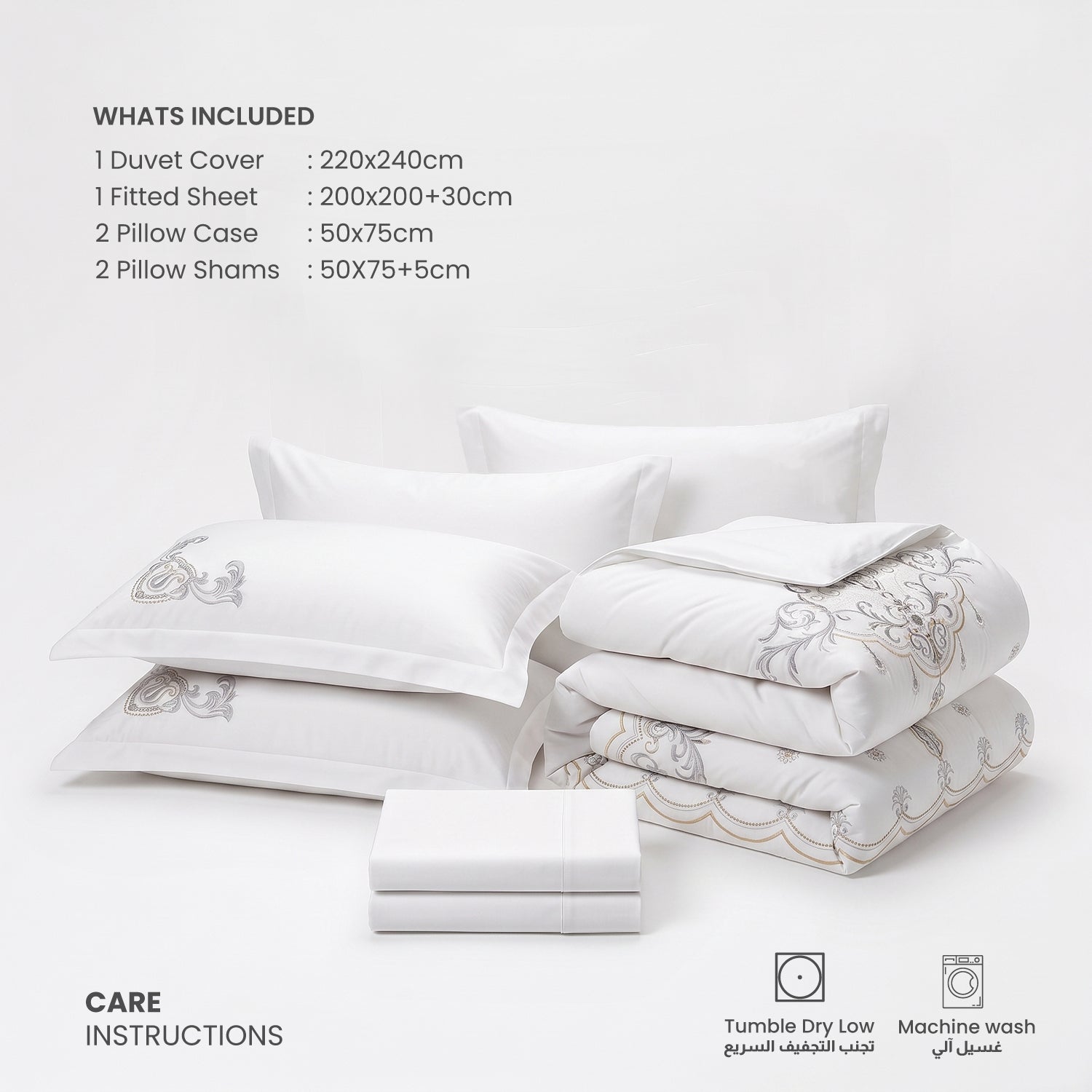 Embroidered 6-Piece King Duvet Cover Set Floral Off White Microfiber Bedding Set 220×240cm