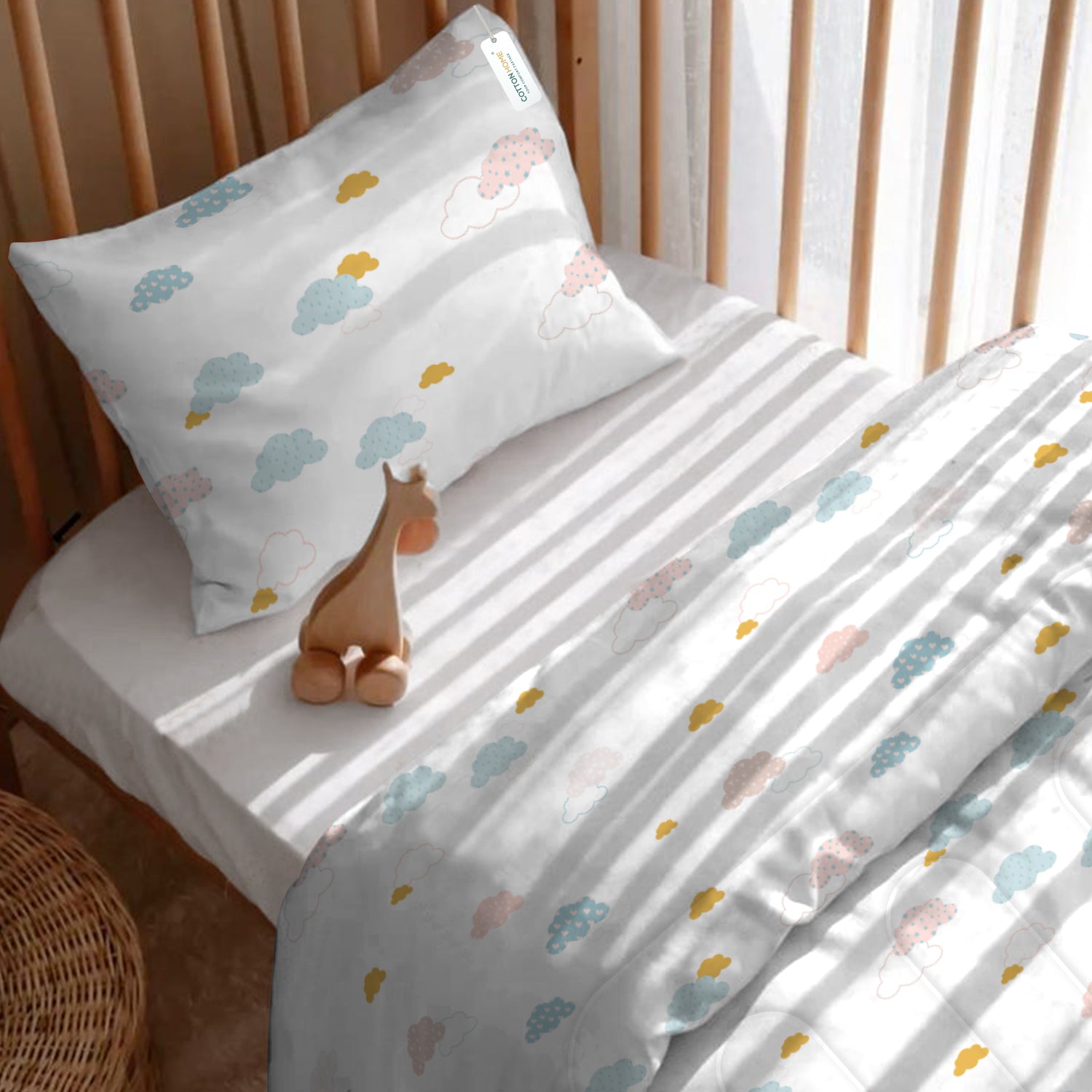 3Piece Baby Crib Comforter Set 90x120 Cotton Comforter, Filled Pillow & Pillow Cover – Pastel Clouds