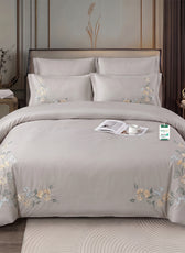 Embroidered 6-Piece King Duvet Cover Set Floral Beige Microfiber Bedding Set 220×240cm