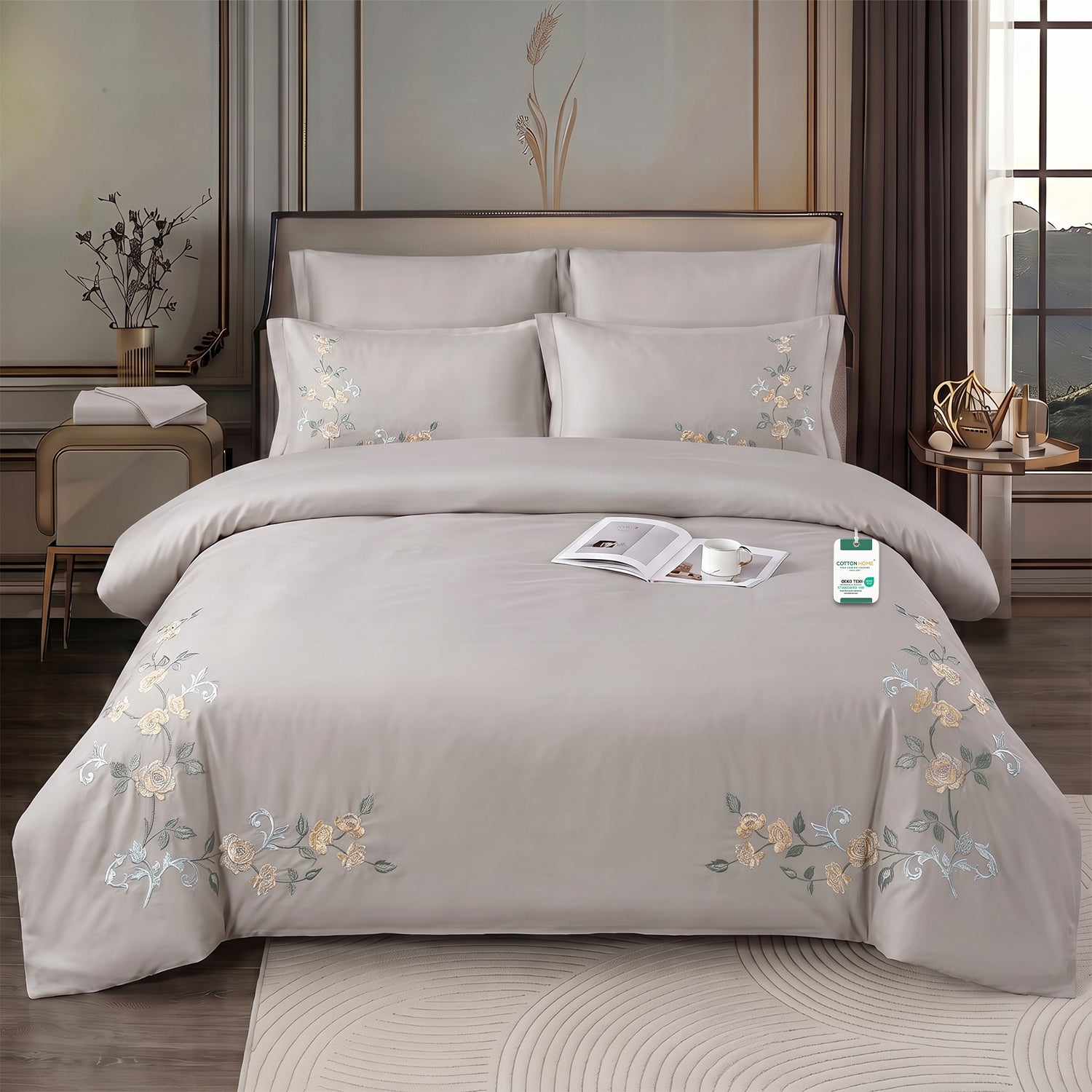 Embroidered 6-Piece King Duvet Cover Set Floral Beige Microfiber Bedding Set 220×240cm