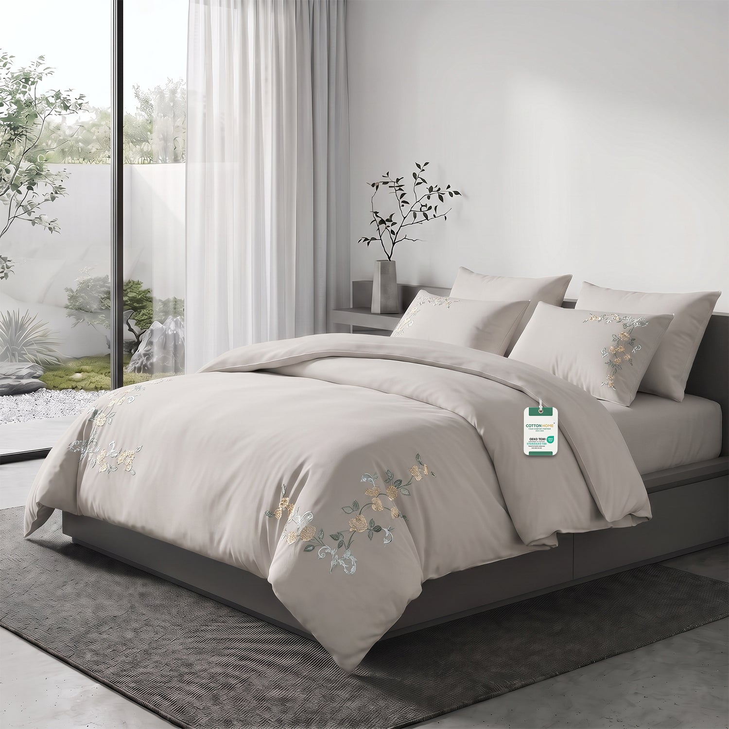 Embroidered 6-Piece King Duvet Cover Set Floral Beige Microfiber Bedding Set 220×240cm
