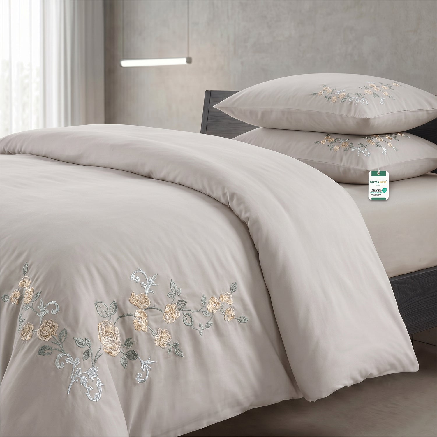 Embroidered 6-Piece King Duvet Cover Set Floral Beige Microfiber Bedding Set 220×240cm