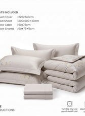 Embroidered 6-Piece King Duvet Cover Set Floral Beige Microfiber Bedding Set 220×240cm