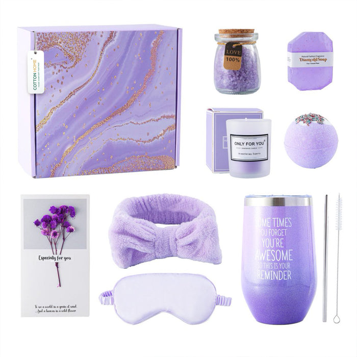 Bath Gift Box Set – Luxe Violet Spa Care Package with 9 Relaxing Self-Care Items for Women, Mom, Wife, Sister, Friends