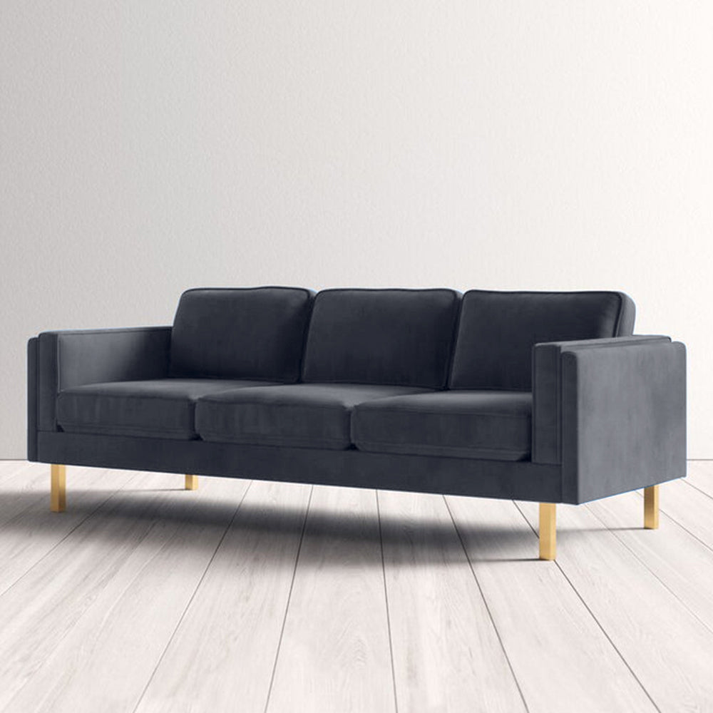 Nebula Grey Velvet 3-Seater Sofa with Square Arms - Luxury Living Room Seating, L220cm x W86cm x H81cm - Cotton Home