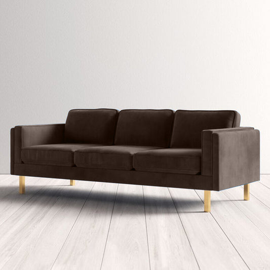 Nebula Brown Velvet 3-Seater Sofa with Square Arms - Luxury Living Room Seating, L220cm x W86cm x H81cm - Cotton Home
